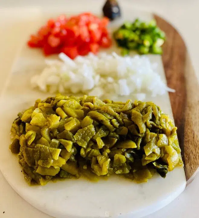 Colorado green Chile ingredients, up close of chopped green chiles