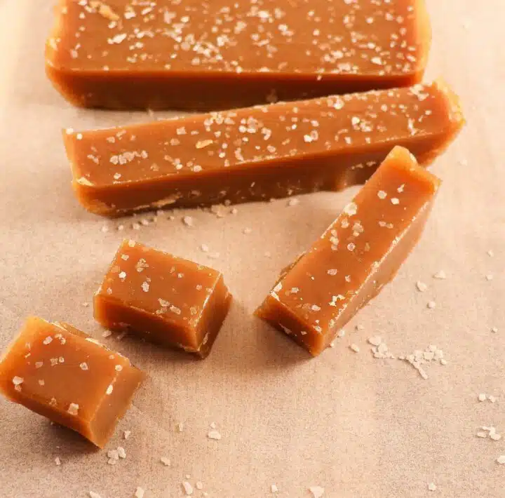 Up close view of sea salt caramels. 
