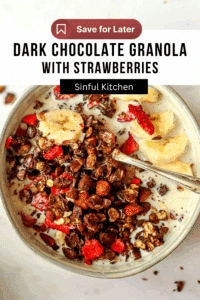 A bowl of dark chocolate granola filled with milk and bananas.