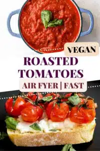 Skip the oven and roast tomatoes in the air fryer instead! This super easy recipe calls for just olive oil, balsamic vinegar, salt, garlic, and, of course, tomatoes. Roasting intensifies the flavor. Enjoy them with breakfast, in pasta, blended into a rich tomato sauce, with pizza, or my favorite—bruschetta!