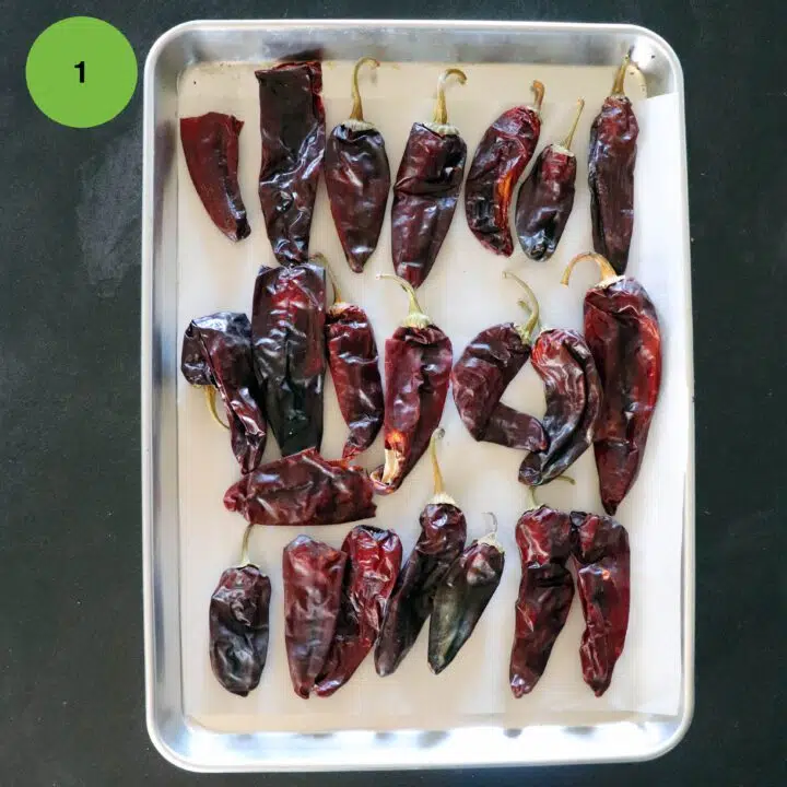 Chilies on a baking sheet.
