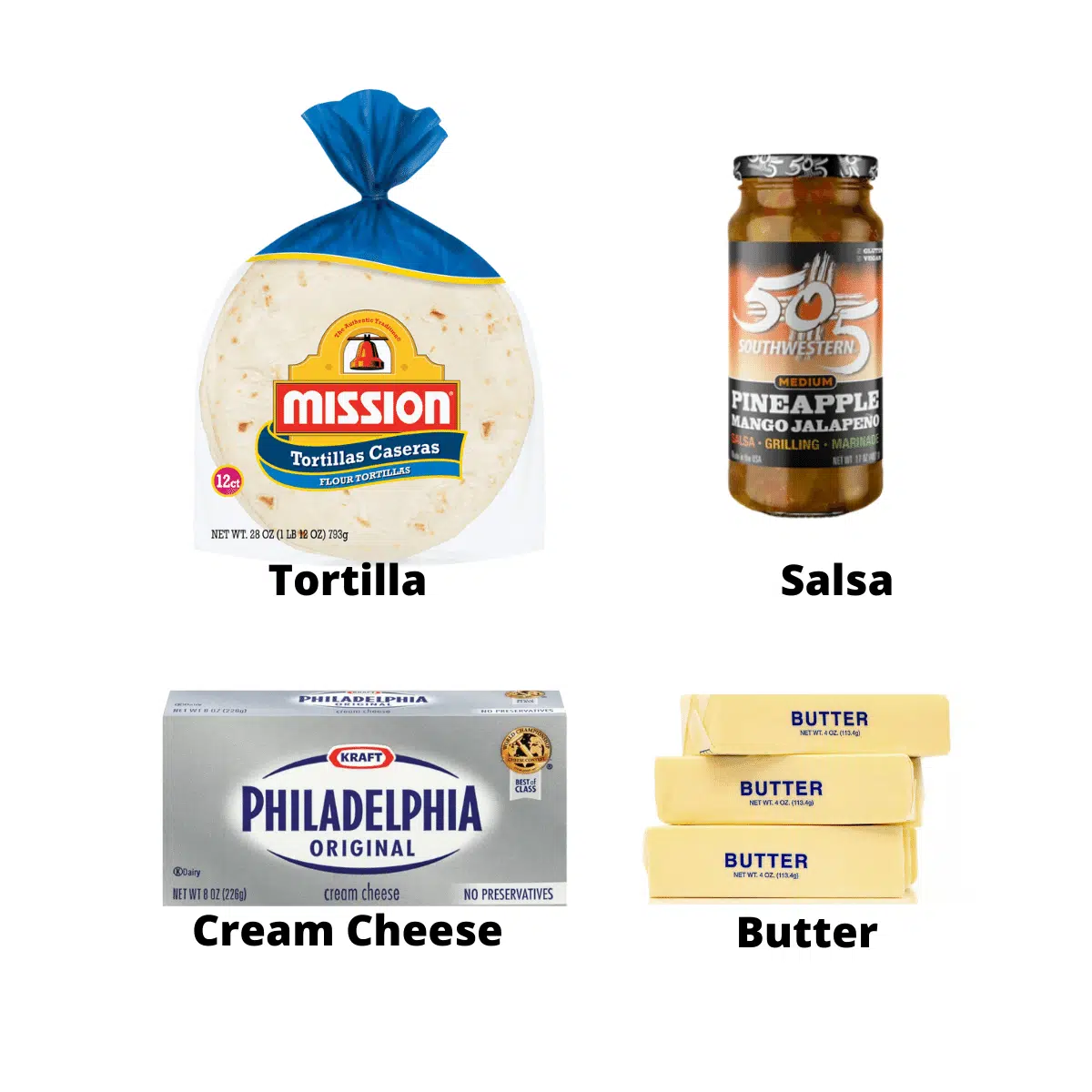 Ingredients used to make the recipe (tortilla, salsa, cream cheese and butter).