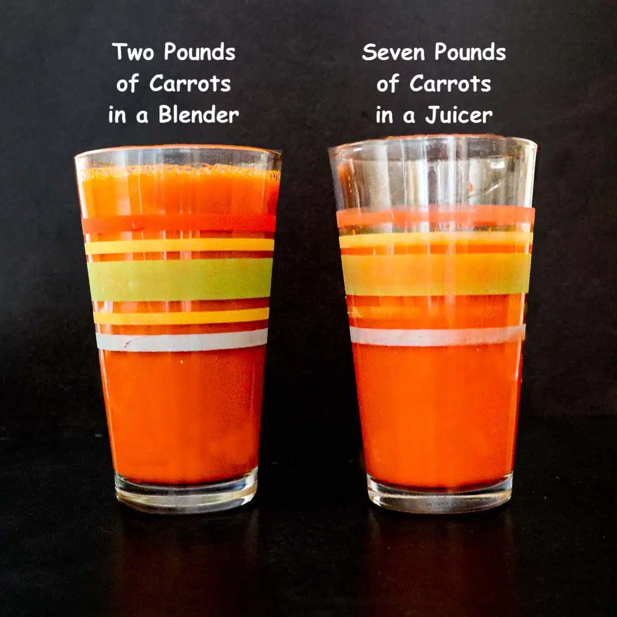 Two glasses of carrot juice, one from a blender and one from a juicer.