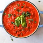 San Marzano tomato sauce in a dutch oven up close.