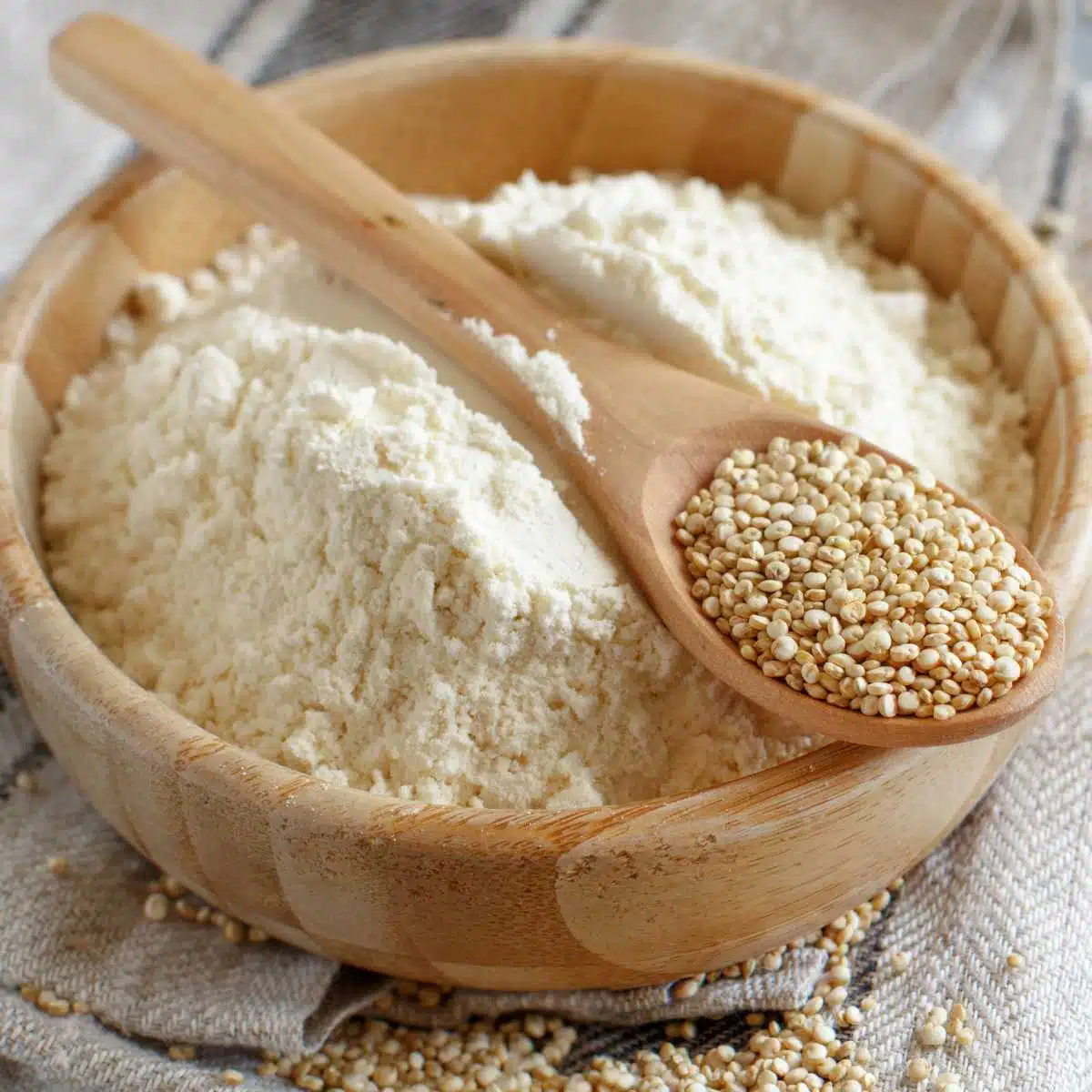 Quinoa flour in a bowl with a spoon on top.

