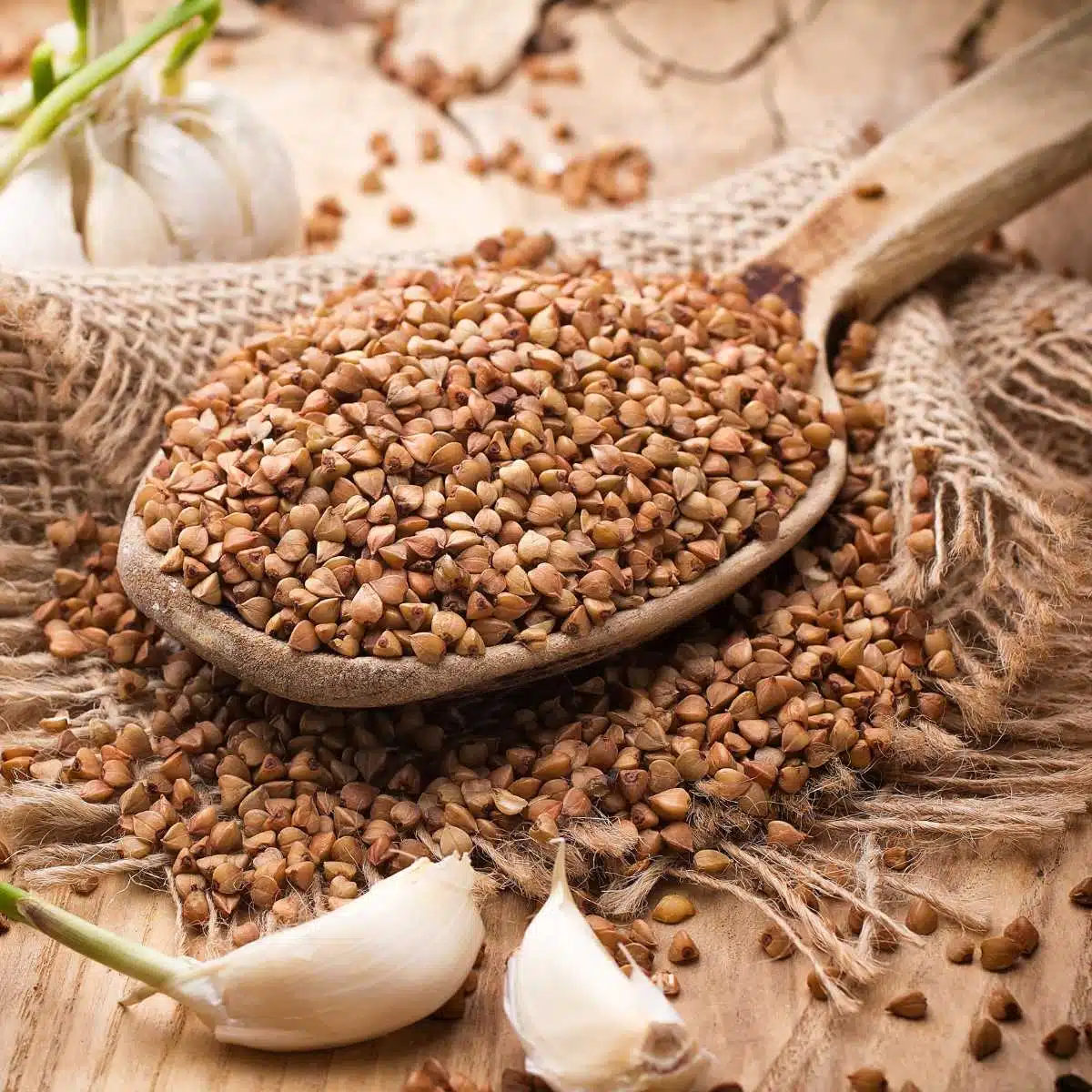 A spoon filled with buckwheat