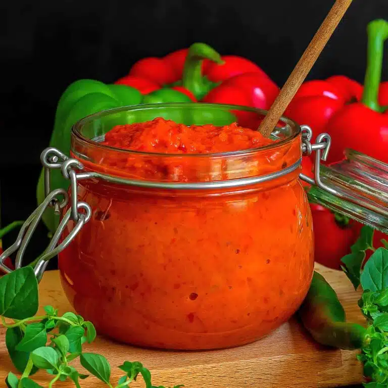 Glass jar filled with homemade harissa paste substitute.