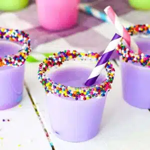 Shot with rainbow sprinkles on the rim.