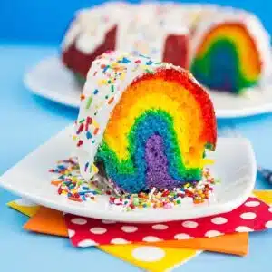 A slice of rainbow cake.