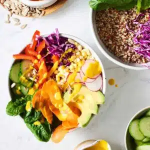Rainbow veggis in a buddha bowl.