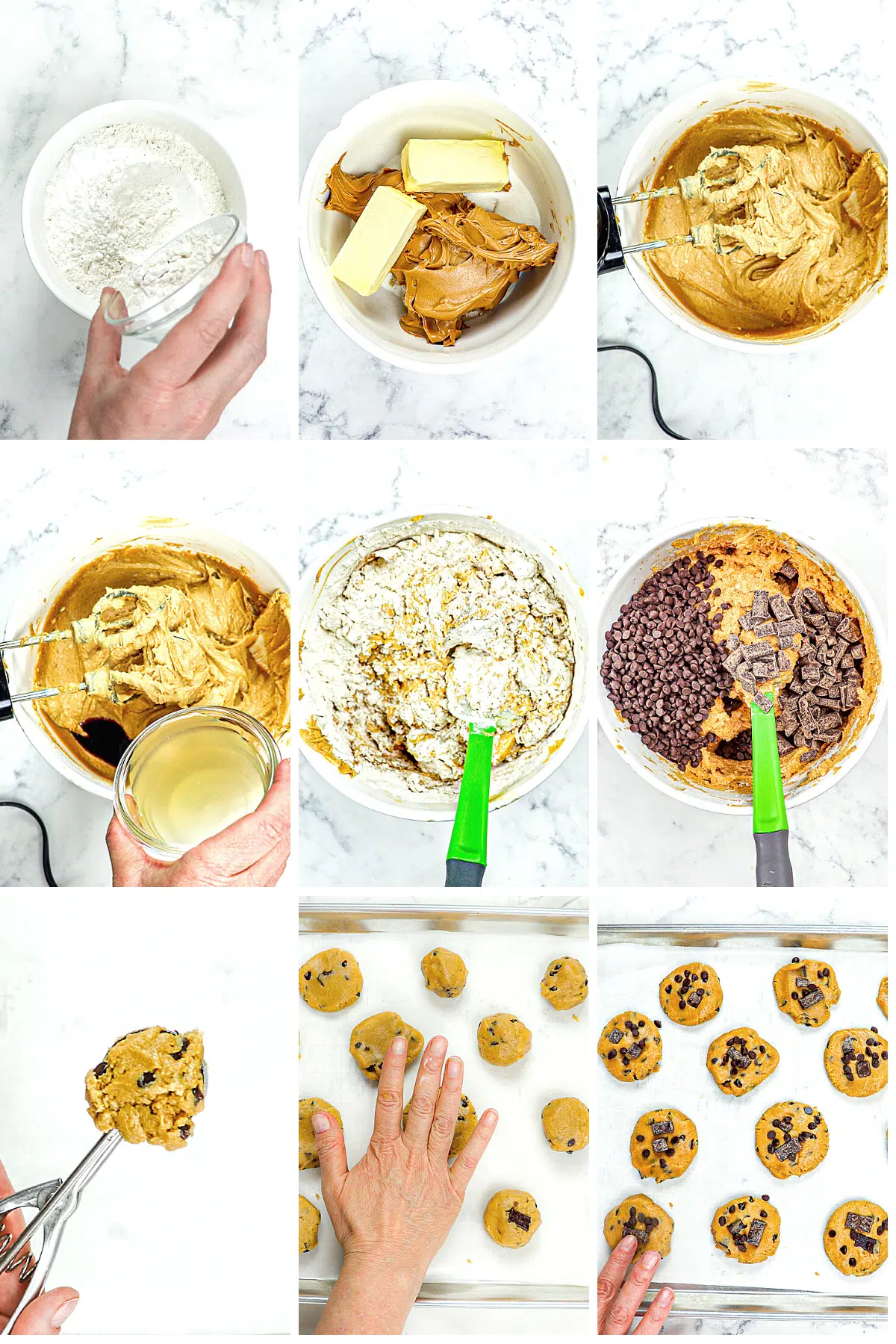 9 picture steps of how to make Peanut Butter Chocolate Chip Cookies.