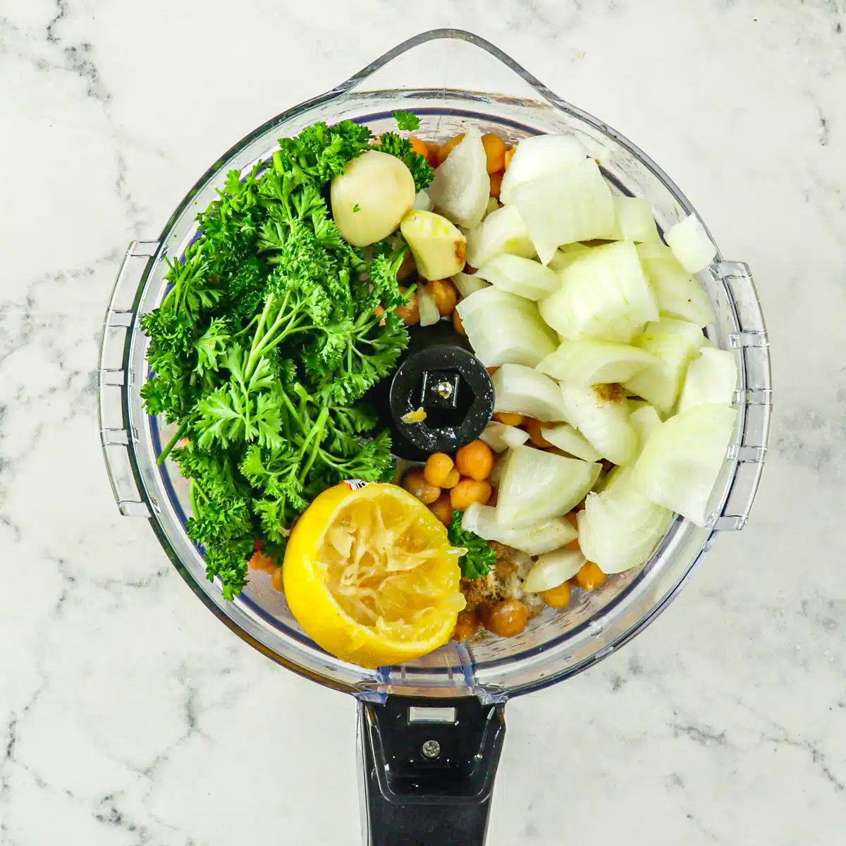 Ingredients used in making the recipe in a food processor.