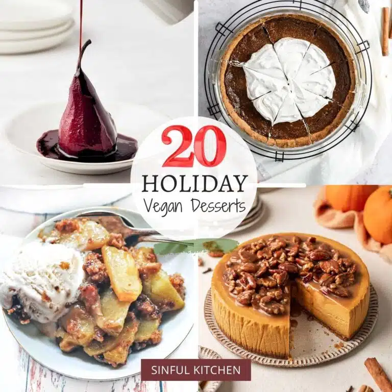 collage of four desserts, poached pears, apple crumble, pumpkin pie and pumpkin cheesecake.