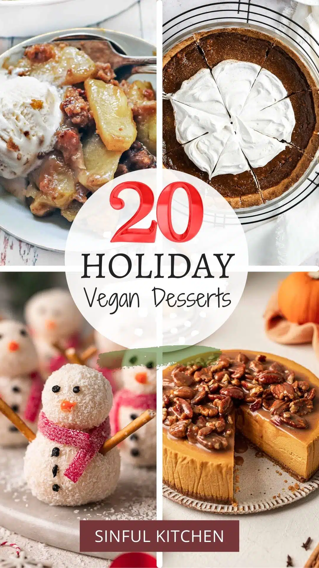 collage of four desserts, poached pears, apple crumble, pumpkin pie and pumpkin cheesecake.