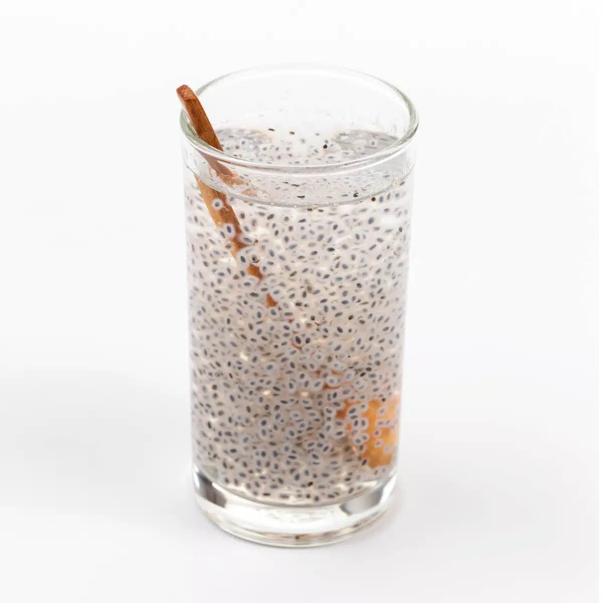 Chia seeds in a glass of water.