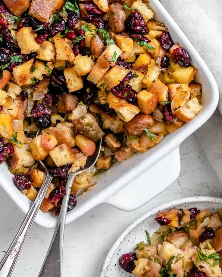 Casserole dish filled with stuffing. 