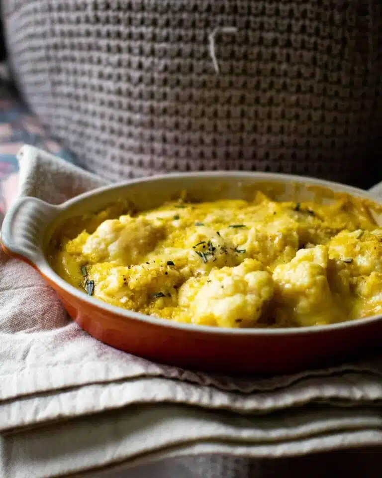 Baked cauliflower in a casserole dish.