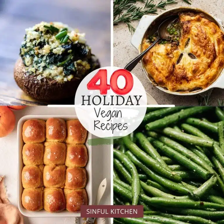 Collage of four recipes: stuffed mushrooms, mushroom pot pie, pumpkin rolls and green beans.