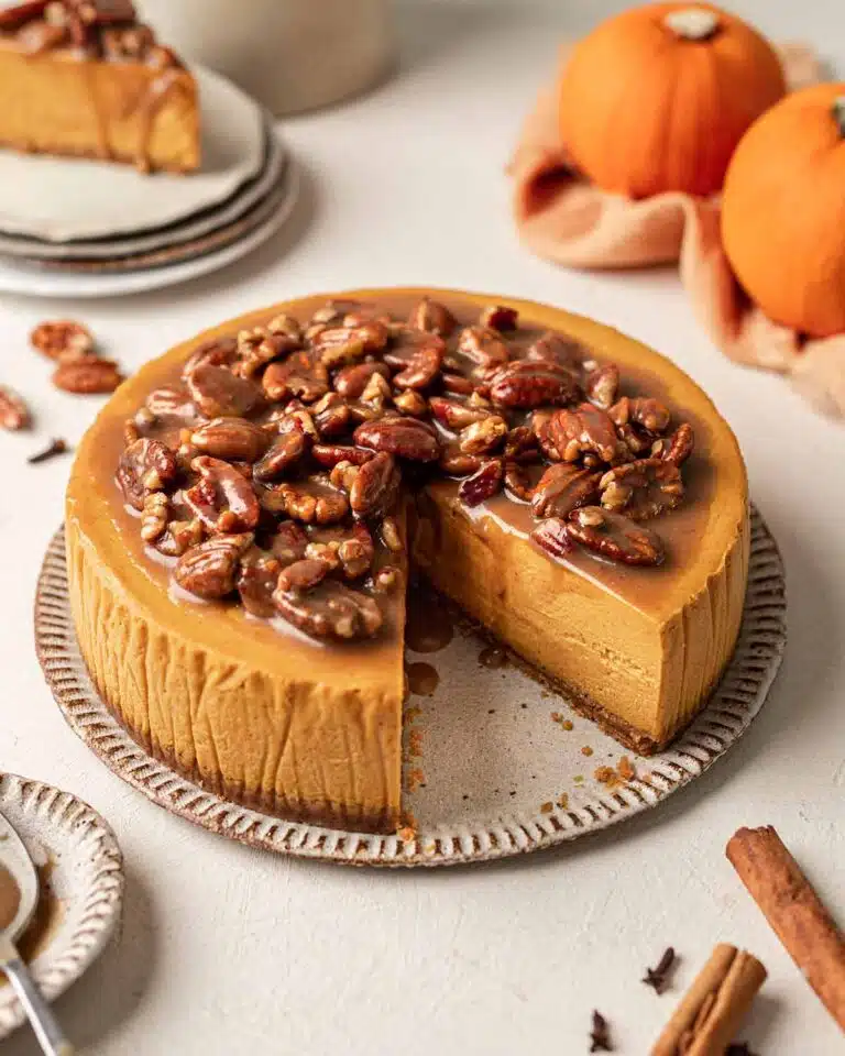 Cheesecake with a slice cut out. 