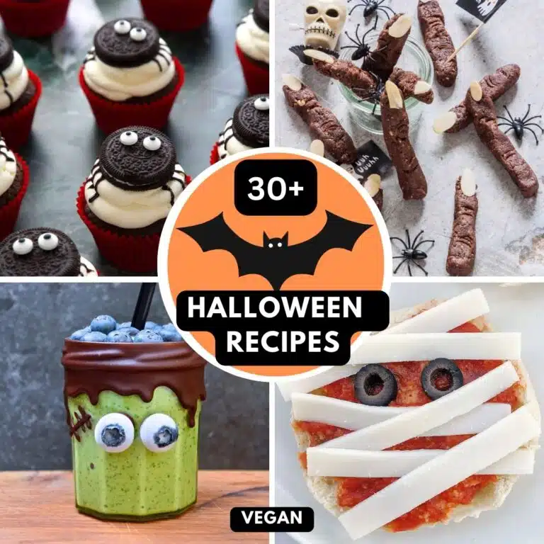Collage: spider cupcakes, spooky fingers, Frankenstein smoothie and mummy pizza.
