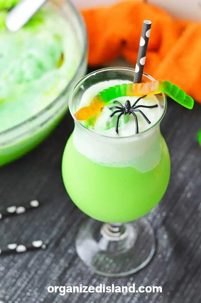 A green drink garnished with a spider and worm. 