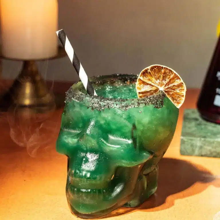 Beatle juice drink in a skull glass. 