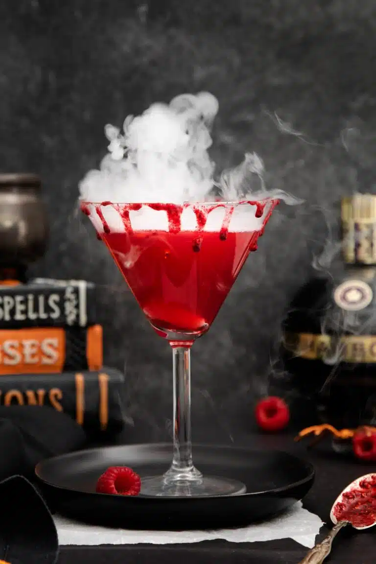 Red cocktail in a martini glass with smoke coming off the drink. 
