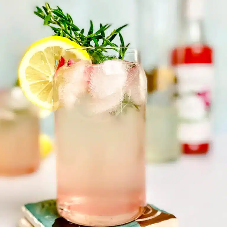 Close up of glass of garnished lemonade.