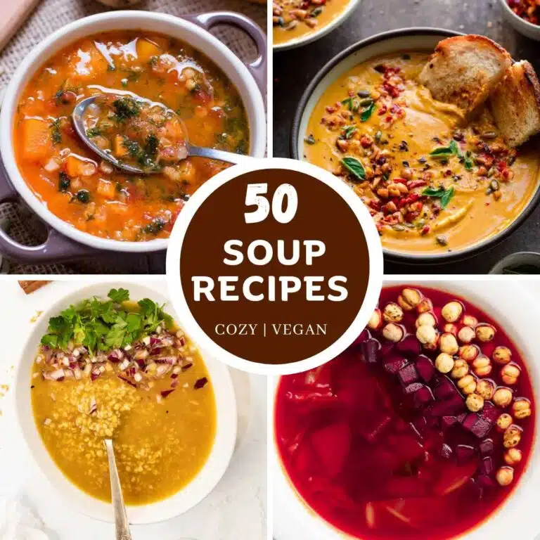 Collage of four different pictures of soups.