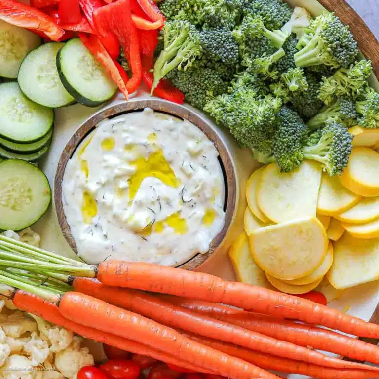 Vegan tzatziki in a bowl with veggies.
