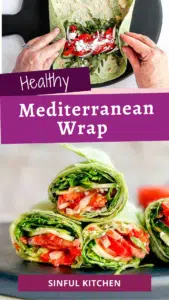 Pinterest pin with two images of a Mediterranean wrap