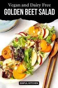 Pinterest pin of the golden beet salad on a platter.