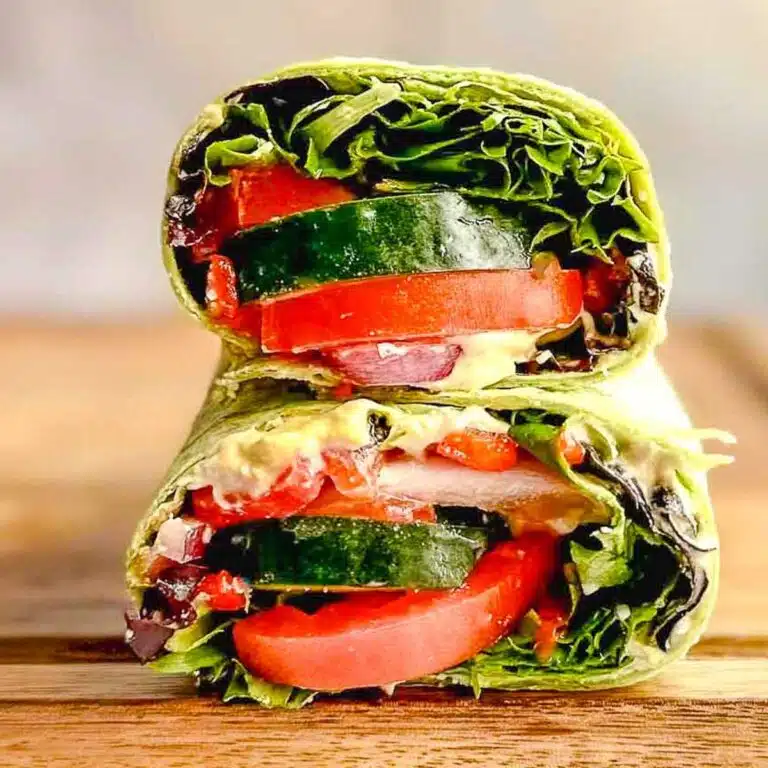 Mediterranean wrap sandwich cut in half and stacked on top of each other.