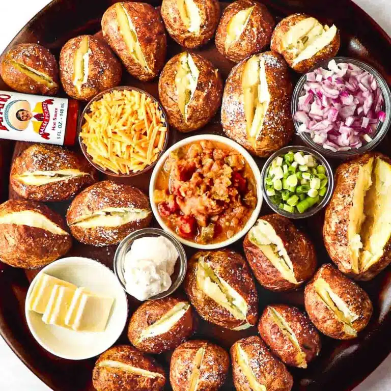 Baked potato bar up close.