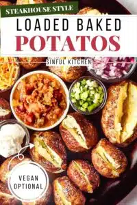 A baked potato bar with several potatoes and chile.