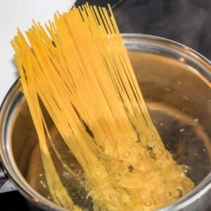 Pasta noodles in a pot.