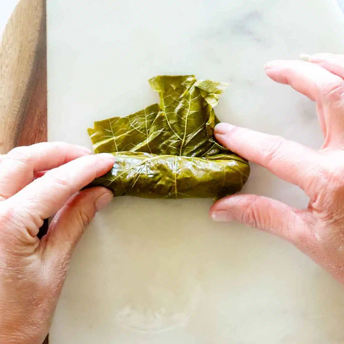 Grape leaf being rolled up snugly. 
