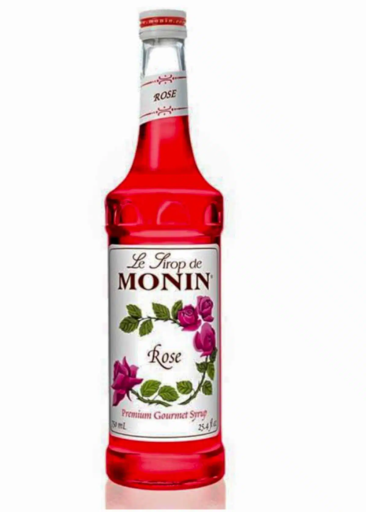 A bottle of Monin Rose Syrup.