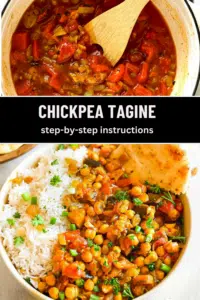 Pinterest pin made of two slides. One is the tagine simmering and the other is the tagine in a bowl next to rice.