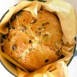 Baked no-knead olive bread in a dutch oven.