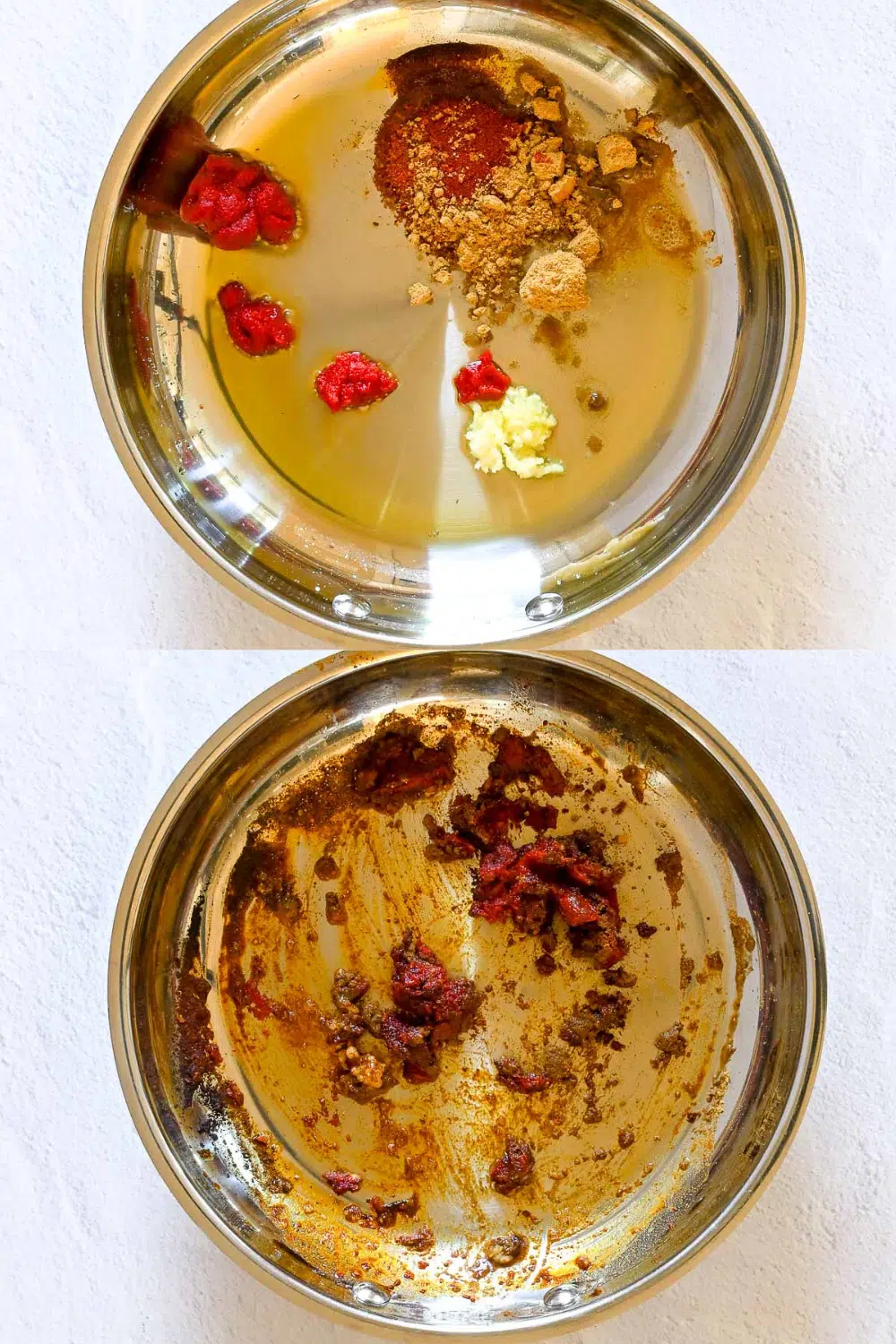 Two pictures, first one of spices added, the second one of the spices bloomed. 