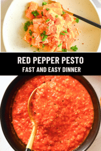 Pinterest pin with two images, one with a bowl filled with red pepper pesto and the other with the pesto tossed with pasta.
