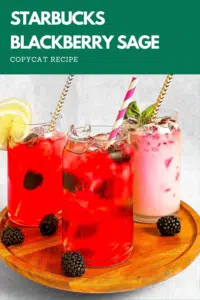 Starbucks Blackberry Sage Refresher, Lemonade, and Midnight drink on a tray.