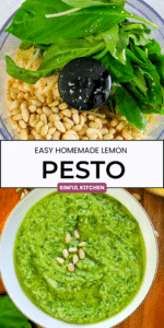 Lemon pesto pin with two imagines, one with ingredients and the other with pesto in a bowl