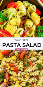 Vegan pasta salad pin with two imagines one with pasta salad and the other super close.