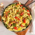 Vegan pasta salad mixed and in a bowl.