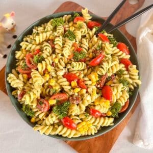 Vegan pasta salad mixed and in a bowl.