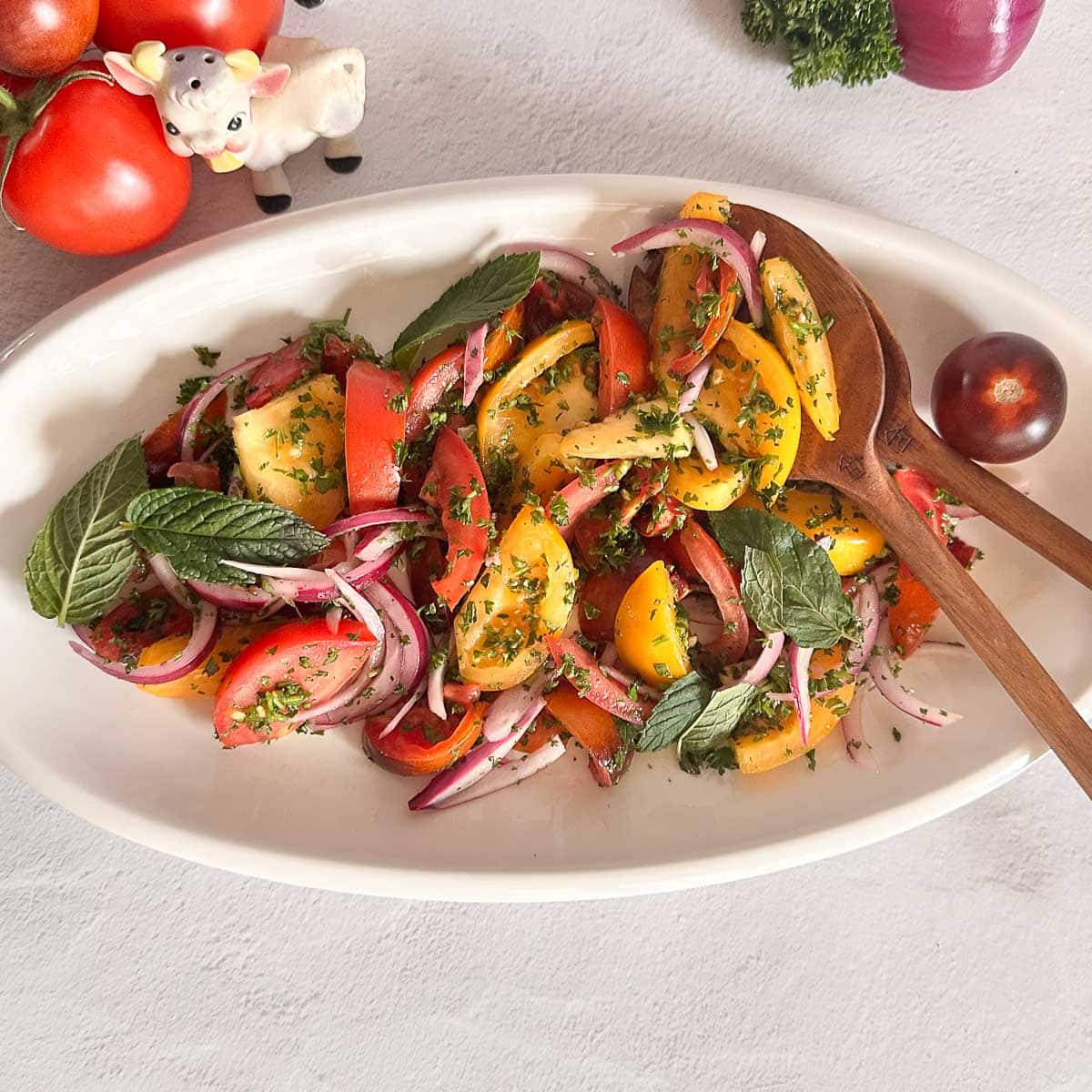 Mediterranean tomato and onion salad on a long plate with wooden spoon up close.