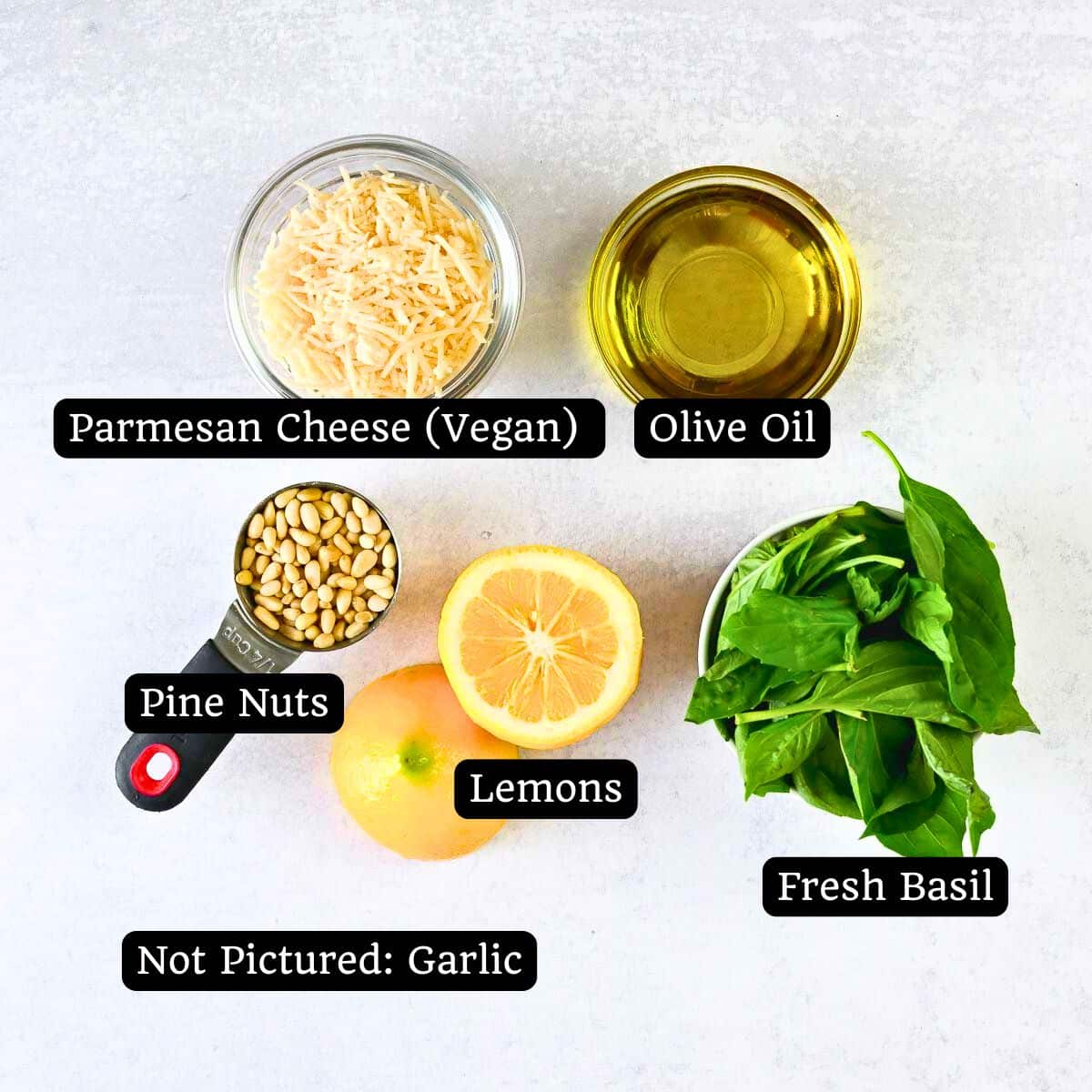 Ingredients used in making the recipe: lemon, pine nuts, fresh basil, olive oil, garlic and vegan parmesan cheese