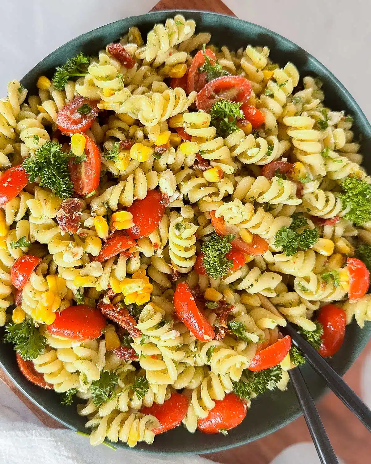 Vegan pasta salad mixed and in a bowl. 